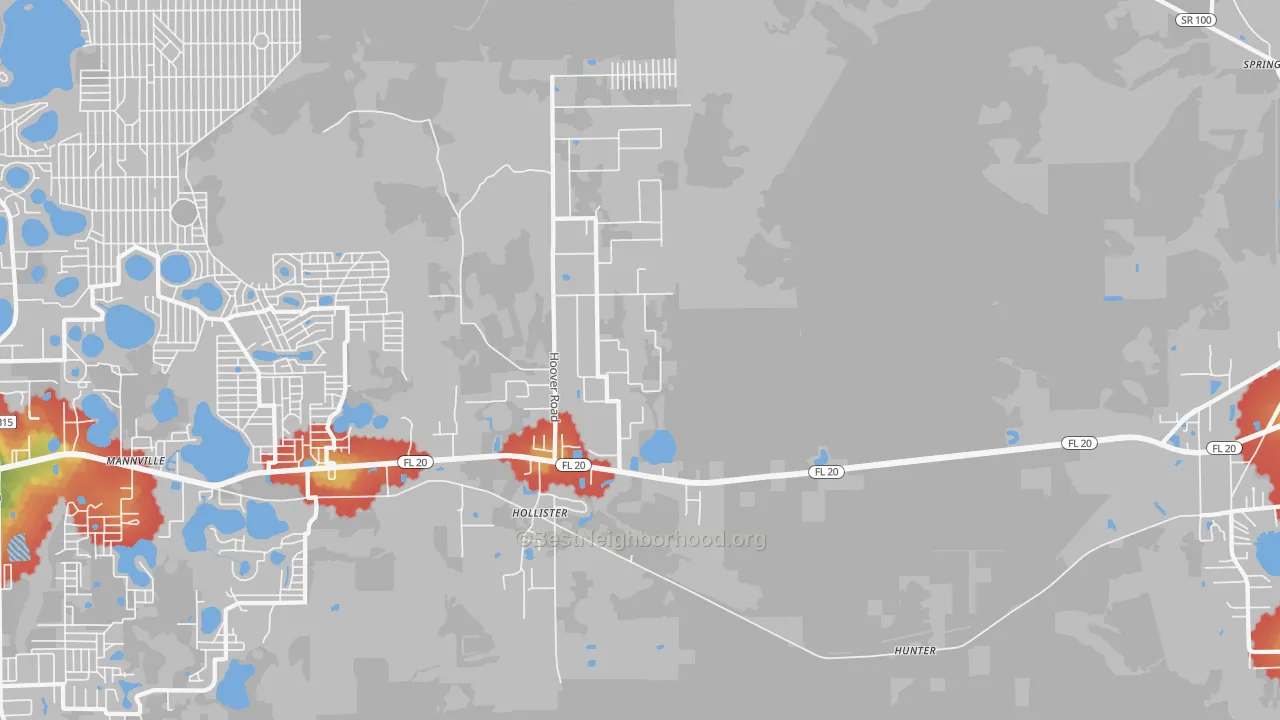 Walk Grade map of Hollister, FL, walkable areas in green and car-dependent areas in red