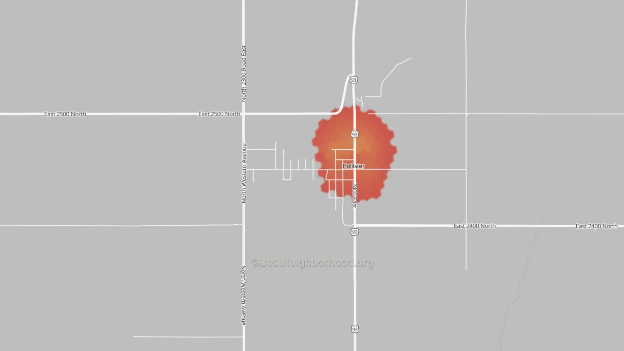 Walk Grade map of Hollister, ID, walkable areas in green and car-dependent areas in red