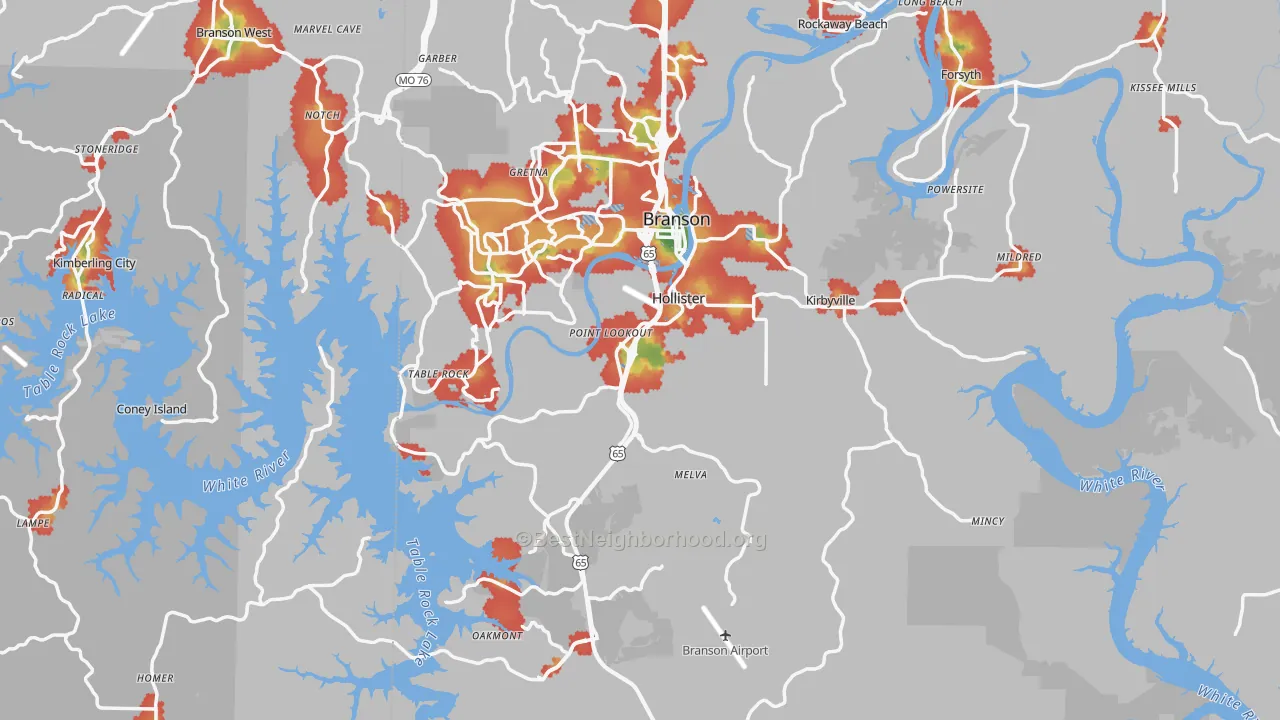 Walk Grade map of Hollister, MO, walkable areas in green and car-dependent areas in red