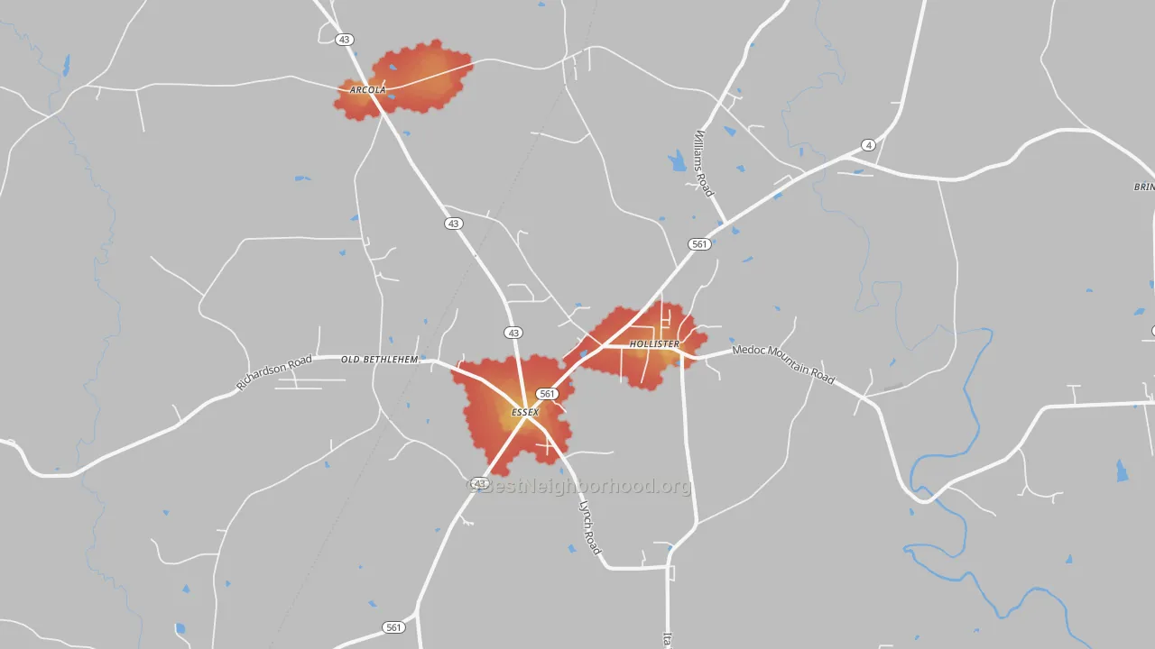 Walk Grade map of Hollister, NC, walkable areas in green and car-dependent areas in red