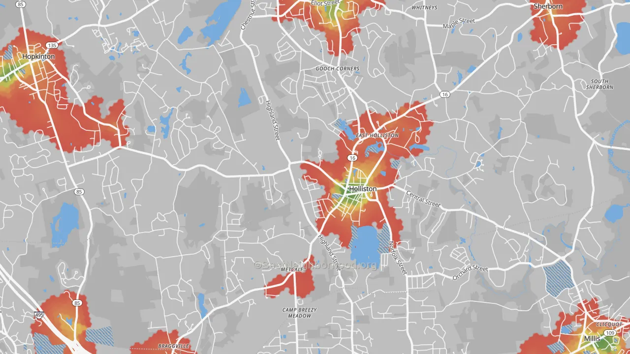 Walk Grade map of Holliston, MA, walkable areas in green and car-dependent areas in red