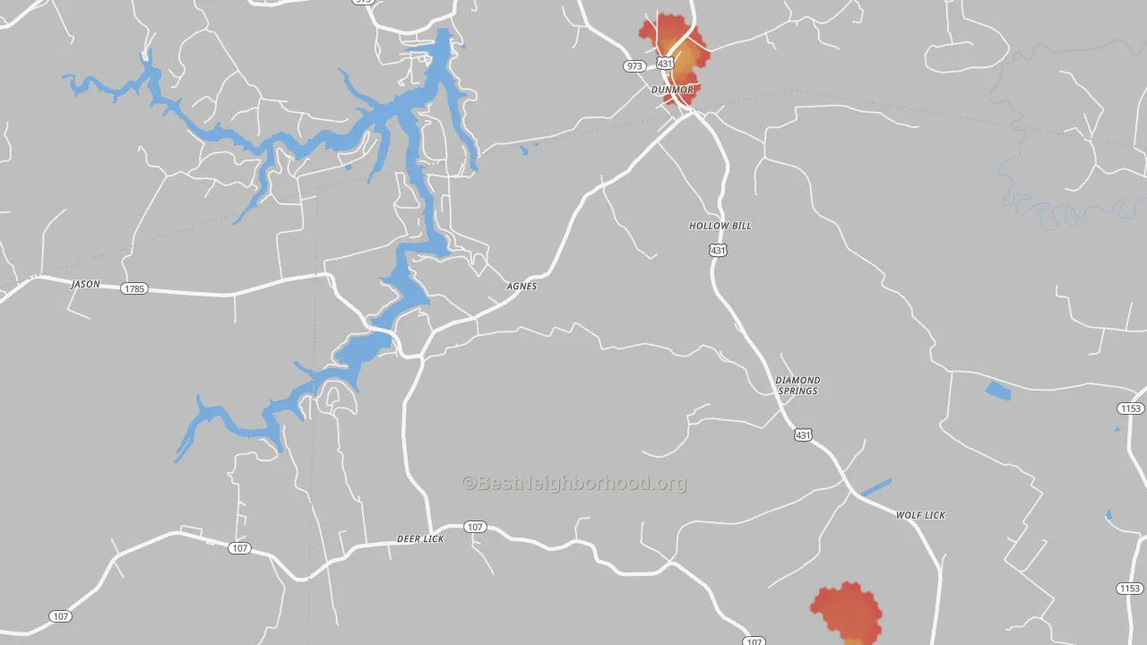 Walk Grade map of Hollow Bill, KY, walkable areas in green and car-dependent areas in red