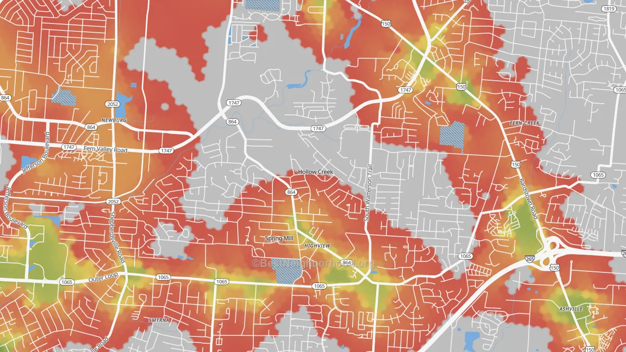 Walk Grade map of Hollow Creek, KY, walkable areas in green and car-dependent areas in red