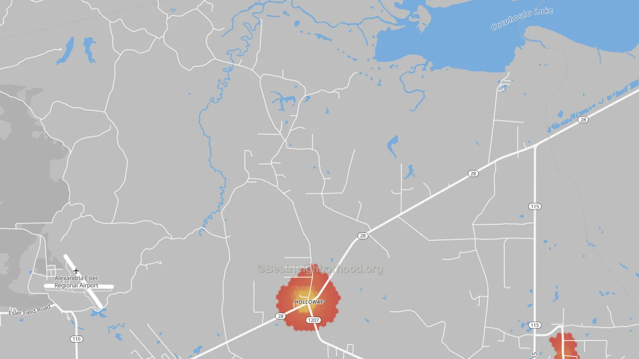 Walk Grade map of Holloway, LA, walkable areas in green and car-dependent areas in red