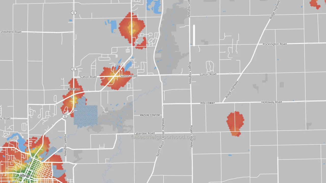 Walk Grade map of Holloway, MI, walkable areas in green and car-dependent areas in red
