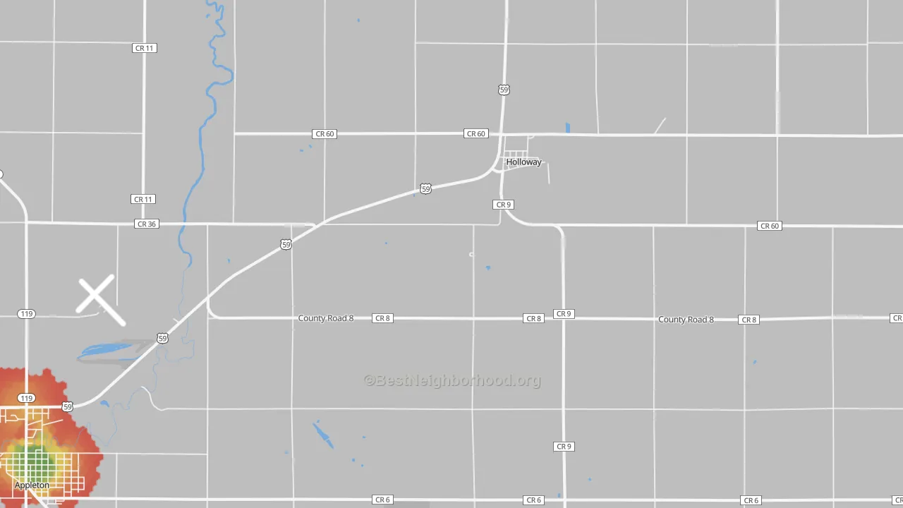 Walk Grade map of Holloway, MN, walkable areas in green and car-dependent areas in red