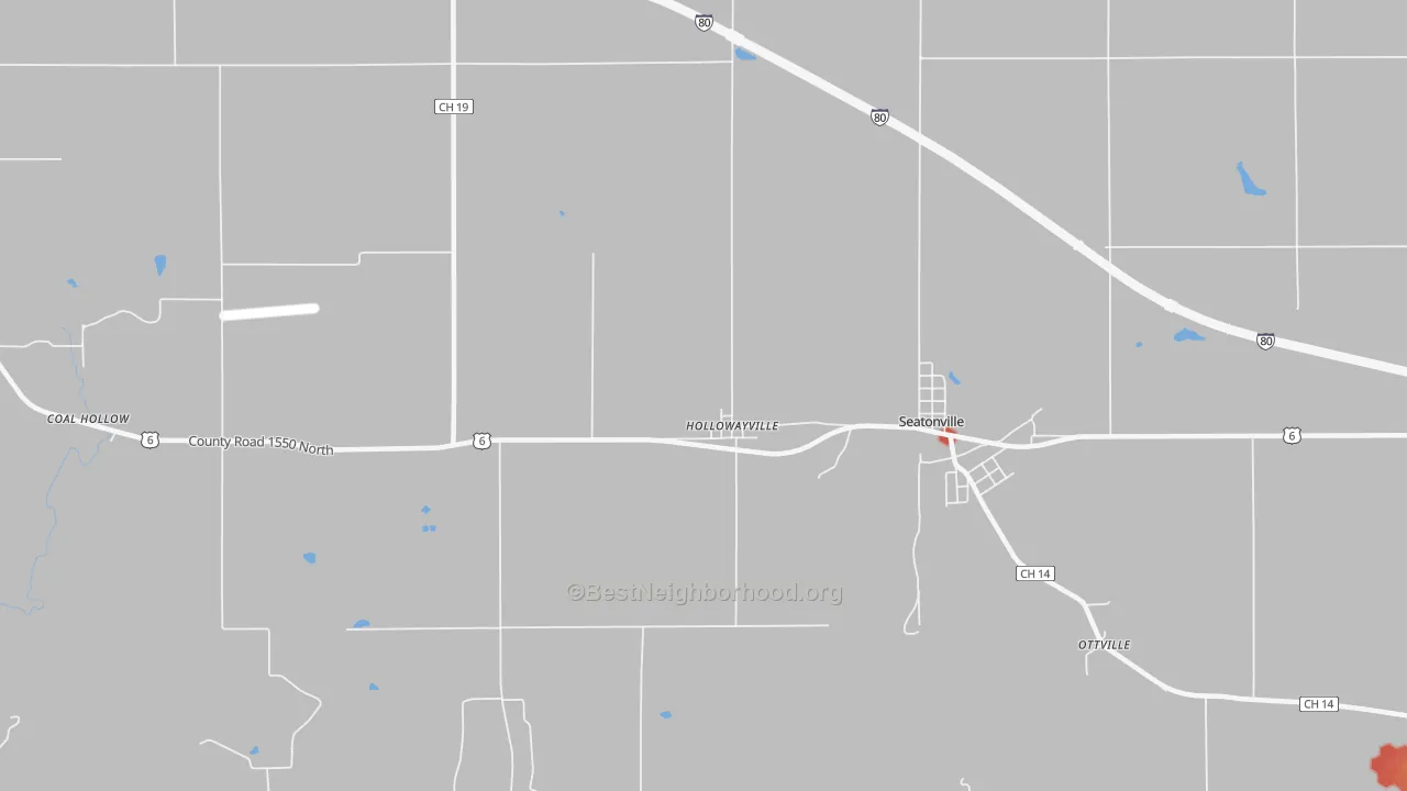 Walk Grade map of Hollowayville, IL, walkable areas in green and car-dependent areas in red