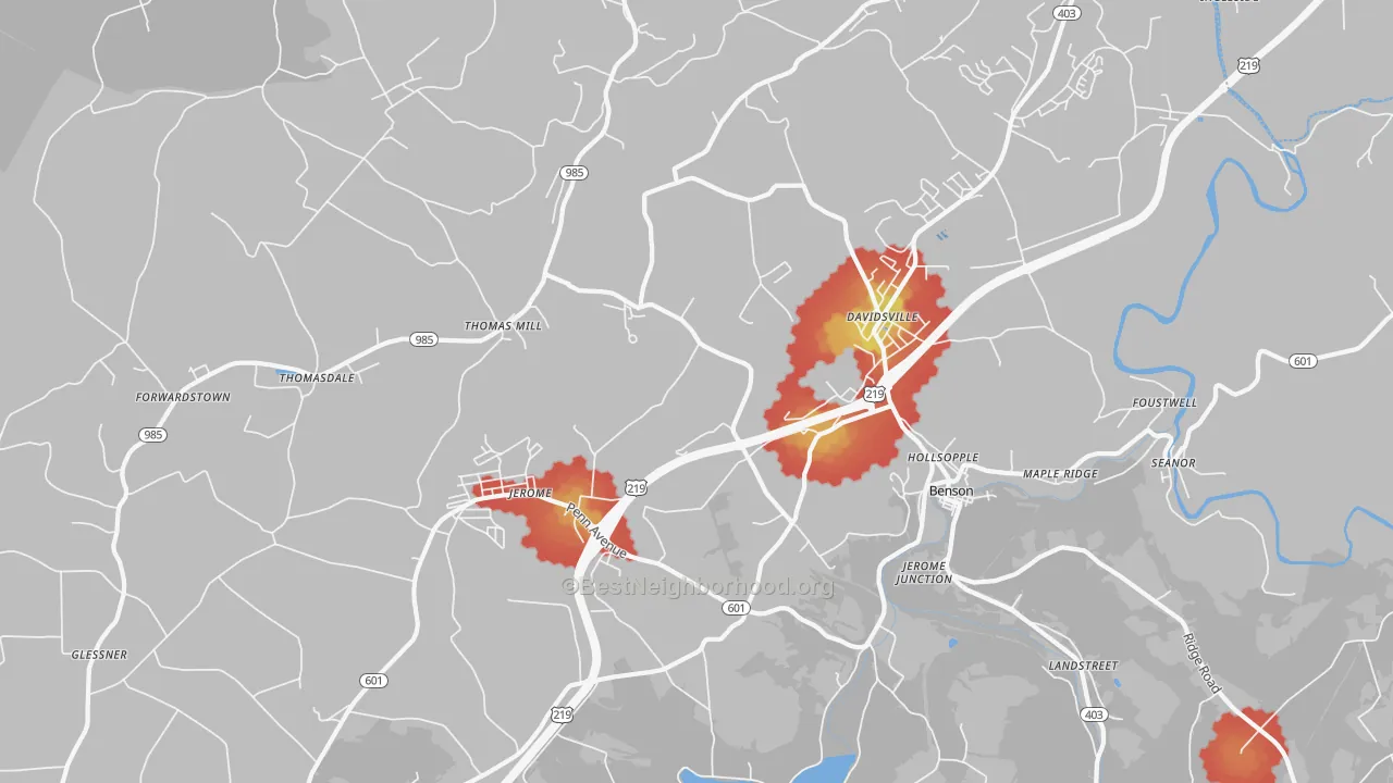 Walk Grade map of Hollsopple, PA, walkable areas in green and car-dependent areas in red