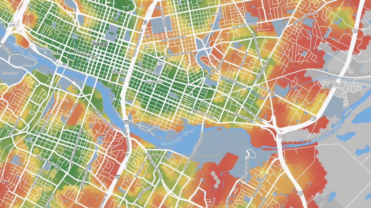 Walk Grade map of Holly, Austin, TX, walkable areas in green and car-dependent areas in red