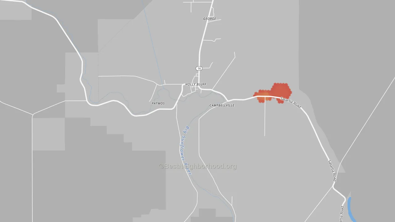Walk Grade map of Holly Bluff, MS, walkable areas in green and car-dependent areas in red