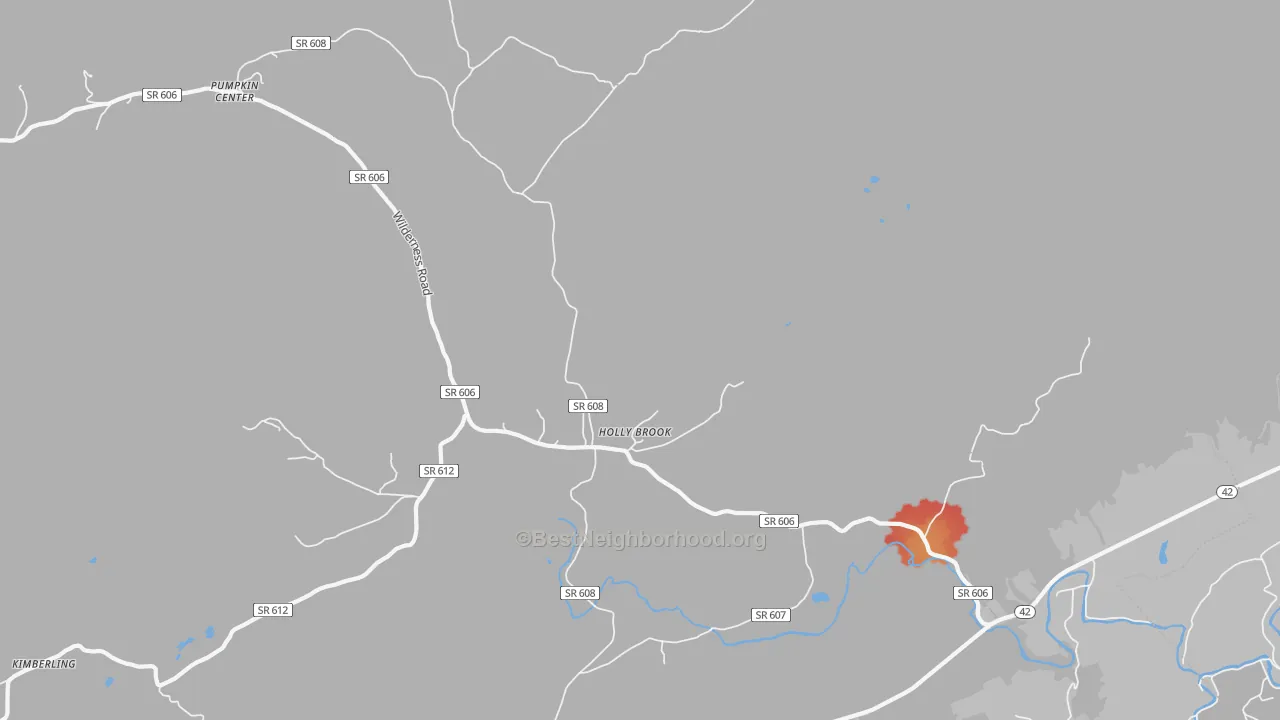 Walk Grade map of Holly Brook, VA, walkable areas in green and car-dependent areas in red