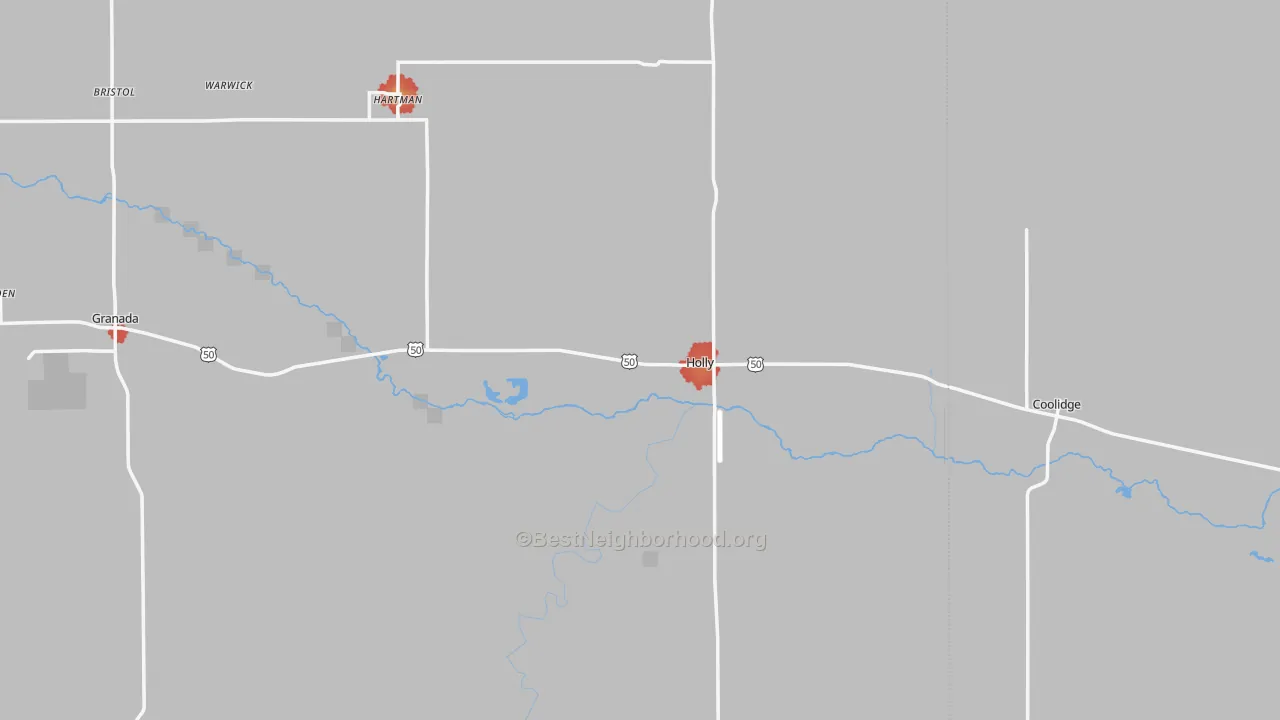 Walk Grade map of Holly, CO, walkable areas in green and car-dependent areas in red