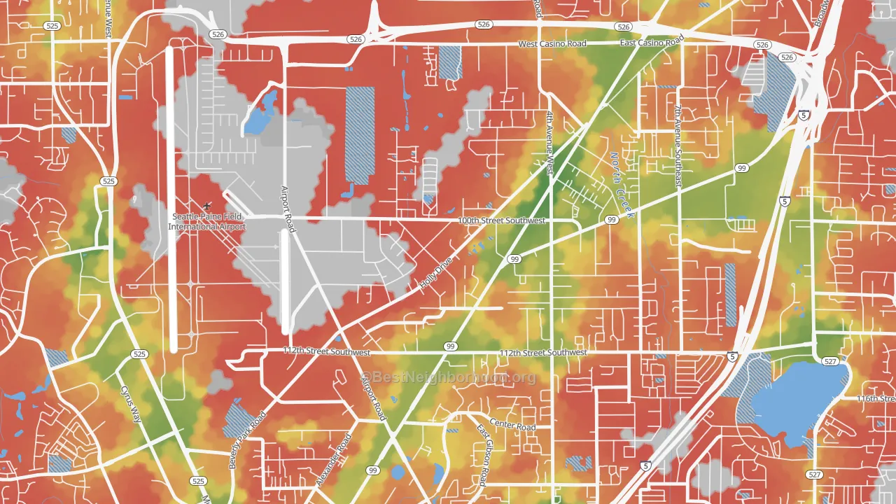 Walk Grade map of Holly, Everett, WA, walkable areas in green and car-dependent areas in red
