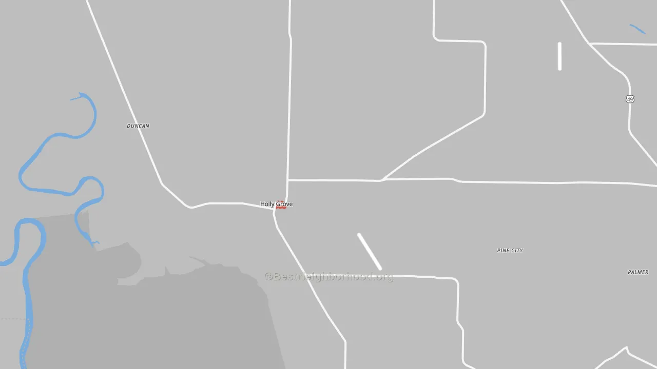 Walk Grade map of Holly Grove, AR, walkable areas in green and car-dependent areas in red