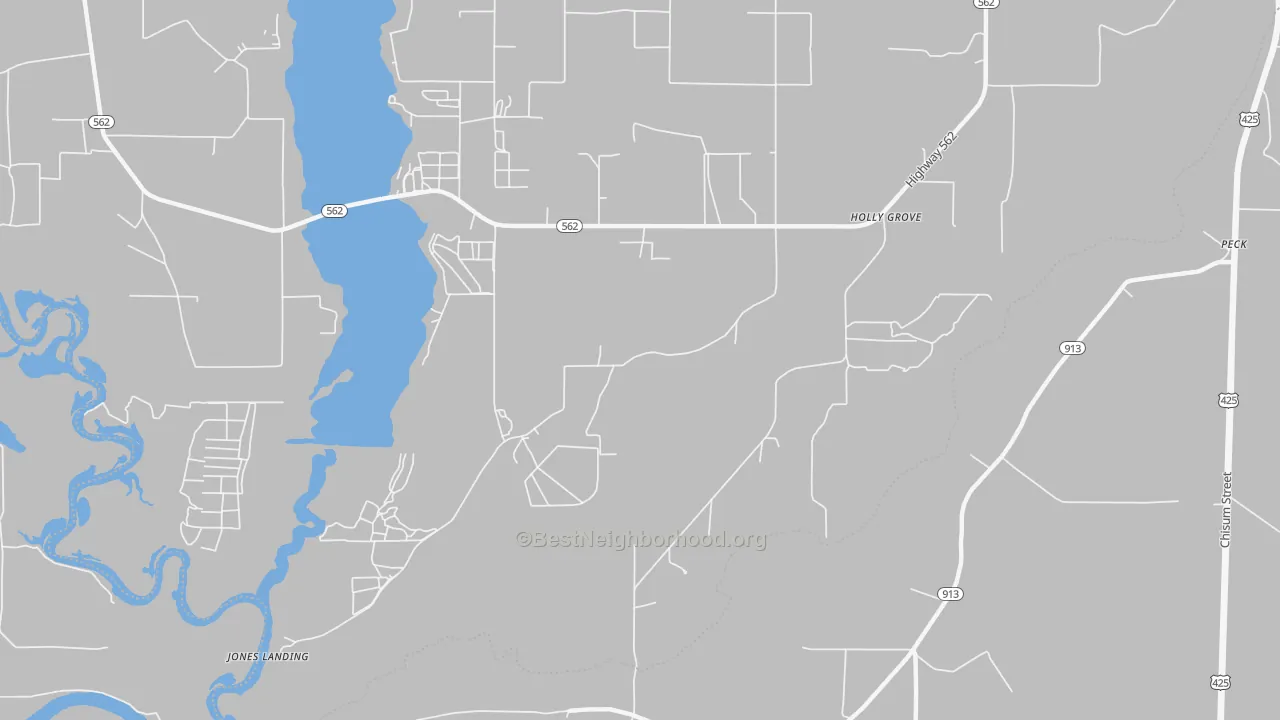 Walk Grade map of Holly Grove, LA, walkable areas in green and car-dependent areas in red