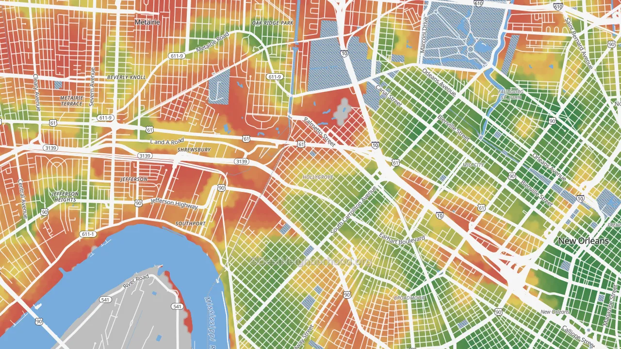 Walk Grade map of Holly Grove, New Orleans, LA, walkable areas in green and car-dependent areas in red