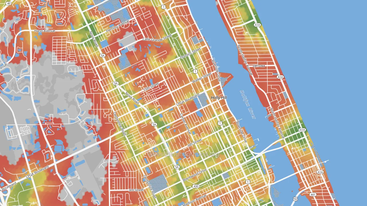 Walk Grade map of Holly Hill, FL, walkable areas in green and car-dependent areas in red