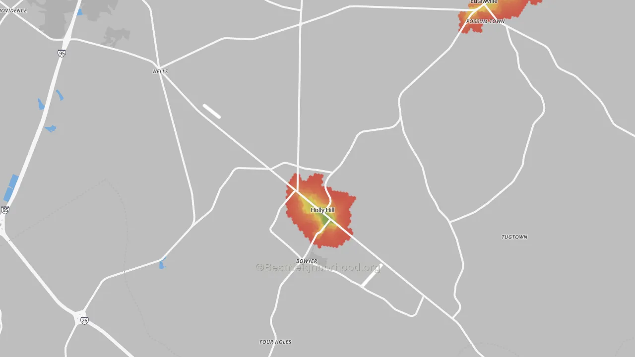 Walk Grade map of Holly Hill, SC, walkable areas in green and car-dependent areas in red