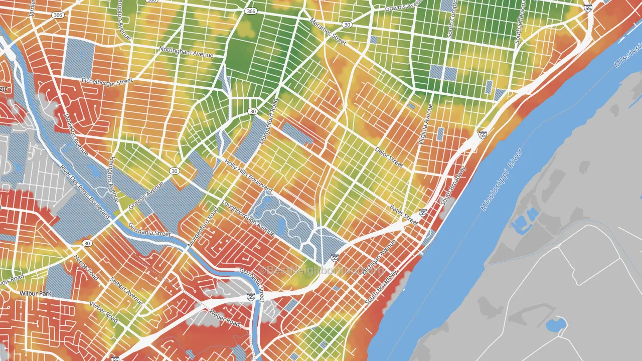 Walk Grade map of Holly Hills, St. Louis, MO, walkable areas in green and car-dependent areas in red