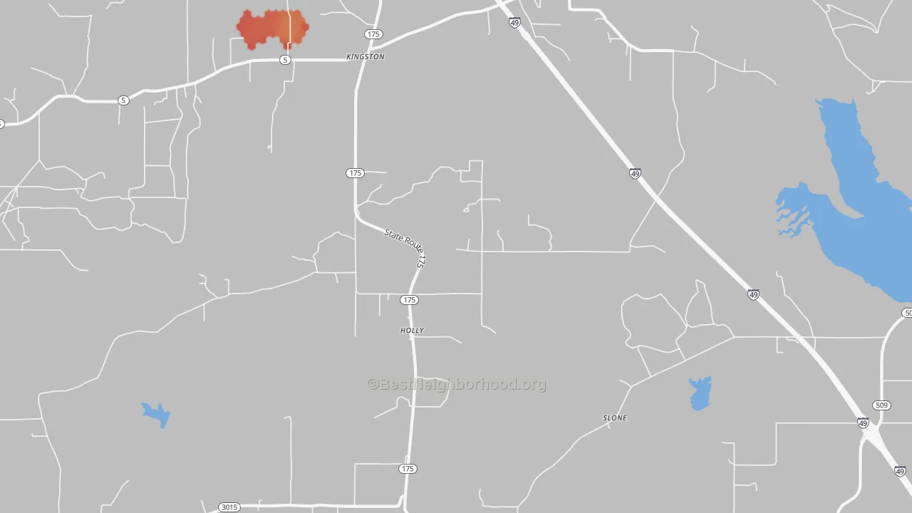 Walk Grade map of Holly, LA, walkable areas in green and car-dependent areas in red