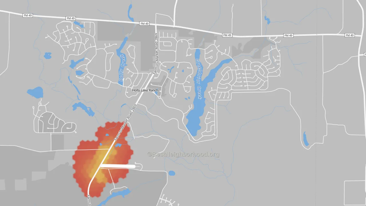 Walk Grade map of Holly Lake Ranch, TX, walkable areas in green and car-dependent areas in red