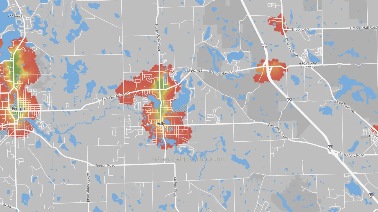 Walk Grade map of Holly, MI, walkable areas in green and car-dependent areas in red