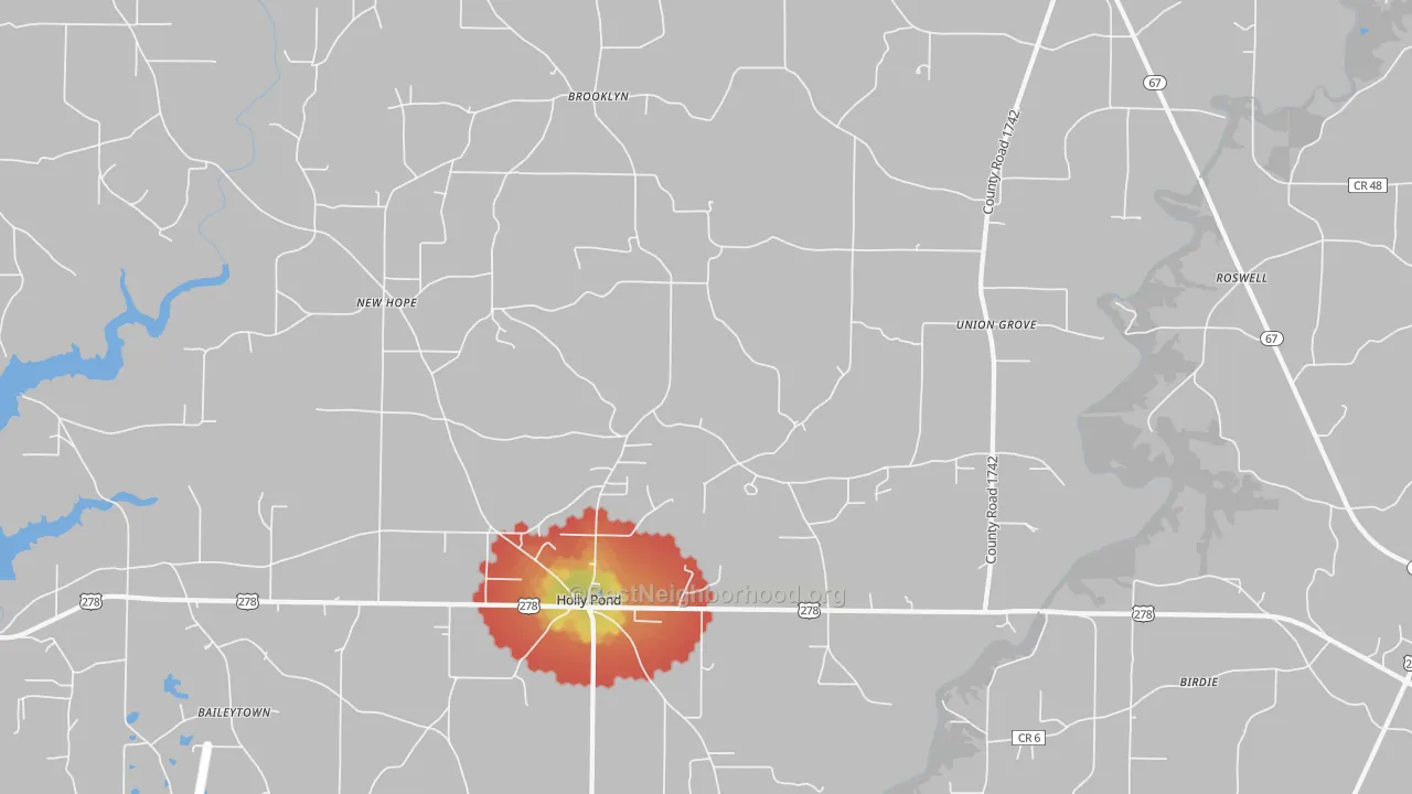 Walk Grade map of Holly Pond, AL, walkable areas in green and car-dependent areas in red