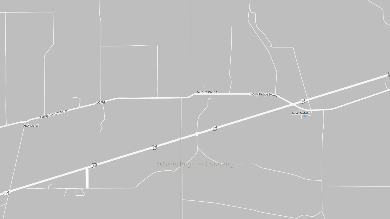 Walk Grade map of Holly Ridge, MS, walkable areas in green and car-dependent areas in red