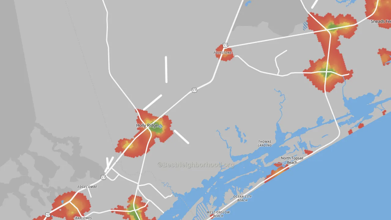 Walk Grade map of Holly Ridge, NC, walkable areas in green and car-dependent areas in red