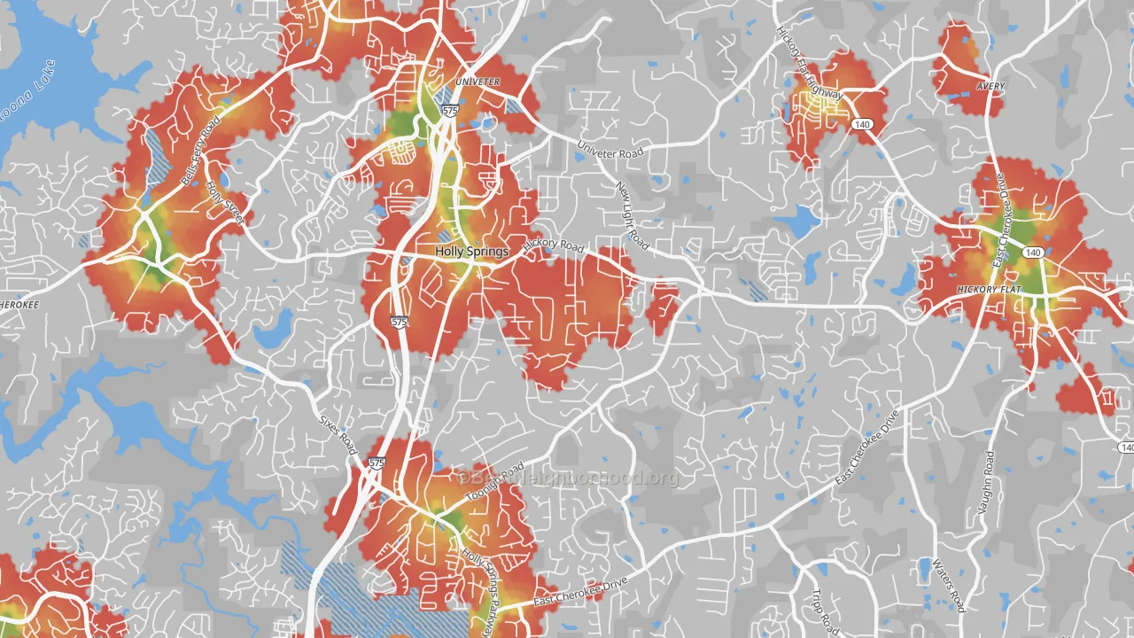 Walk Grade map of Holly Springs, GA, walkable areas in green and car-dependent areas in red