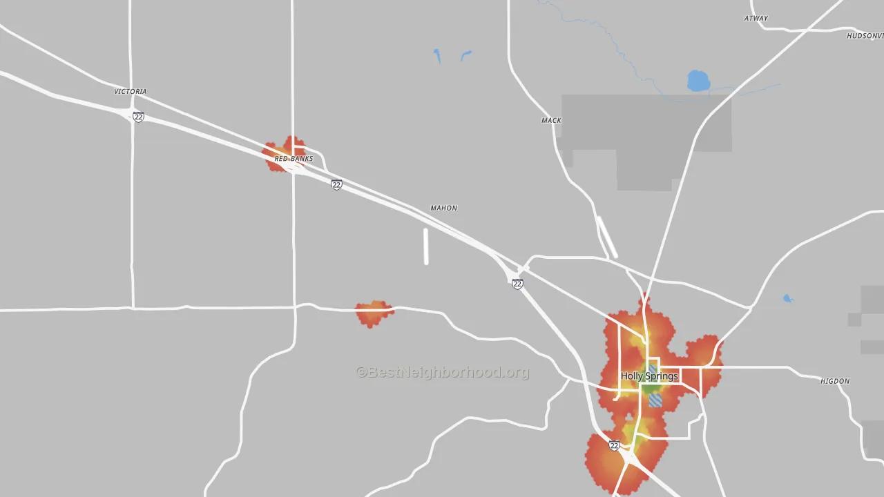 Walk Grade map of Holly Springs, MS, walkable areas in green and car-dependent areas in red