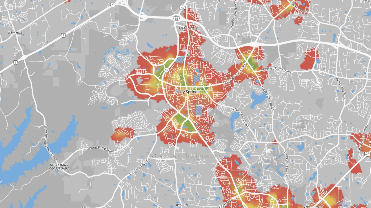 Walk Grade map of Holly Springs, NC, walkable areas in green and car-dependent areas in red