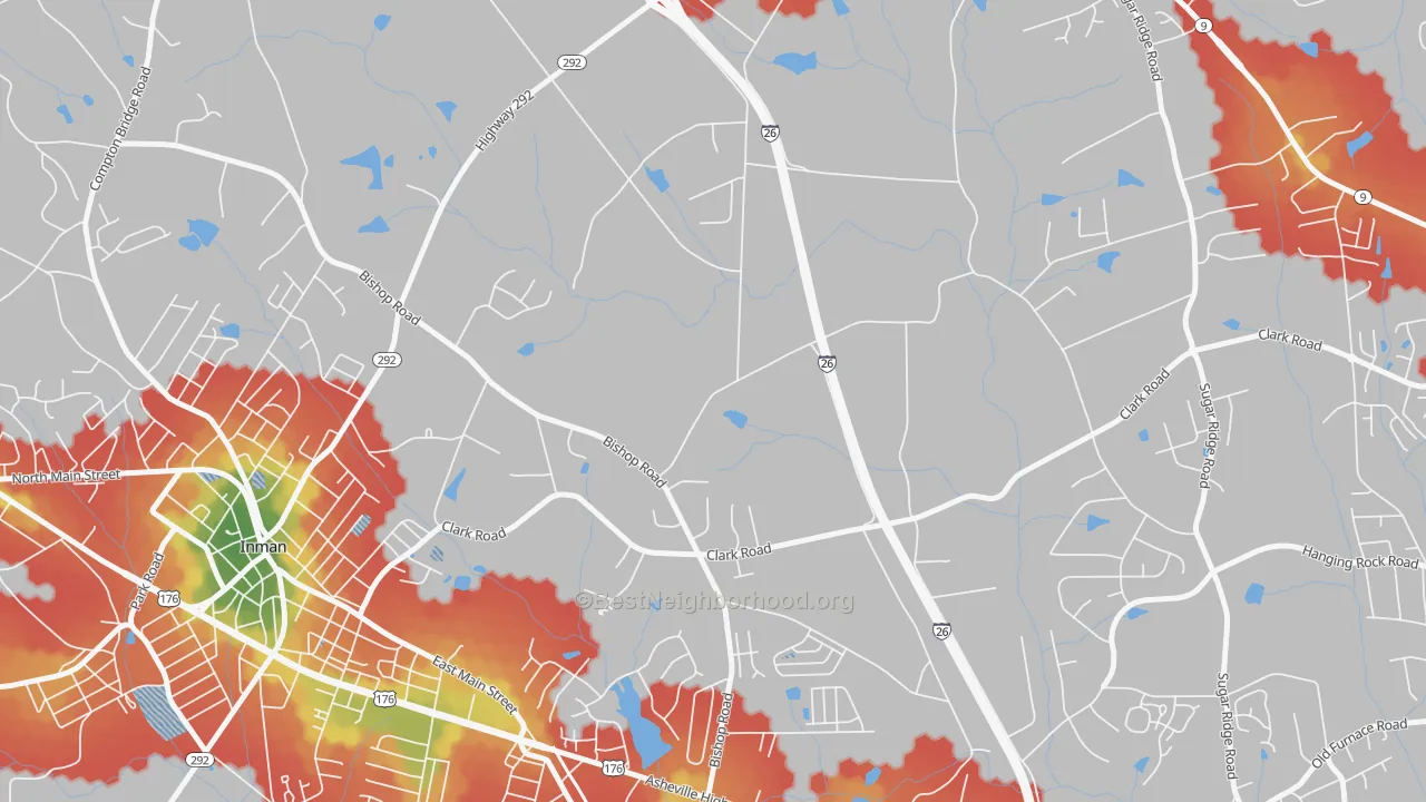 Walk Grade map of Holly Springs, SC, walkable areas in green and car-dependent areas in red