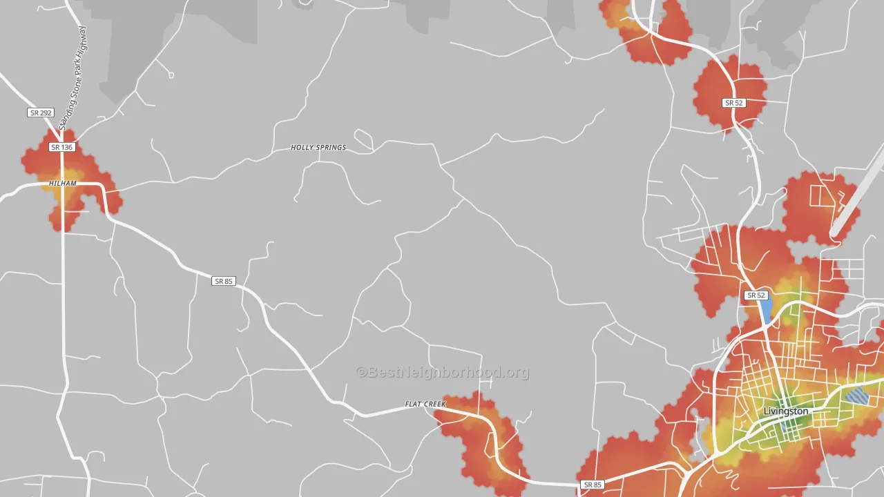 Walk Grade map of Holly Springs, TN, walkable areas in green and car-dependent areas in red