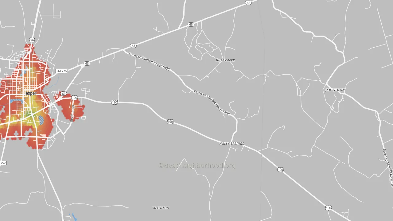 Walk Grade map of Holly Springs, TX, walkable areas in green and car-dependent areas in red