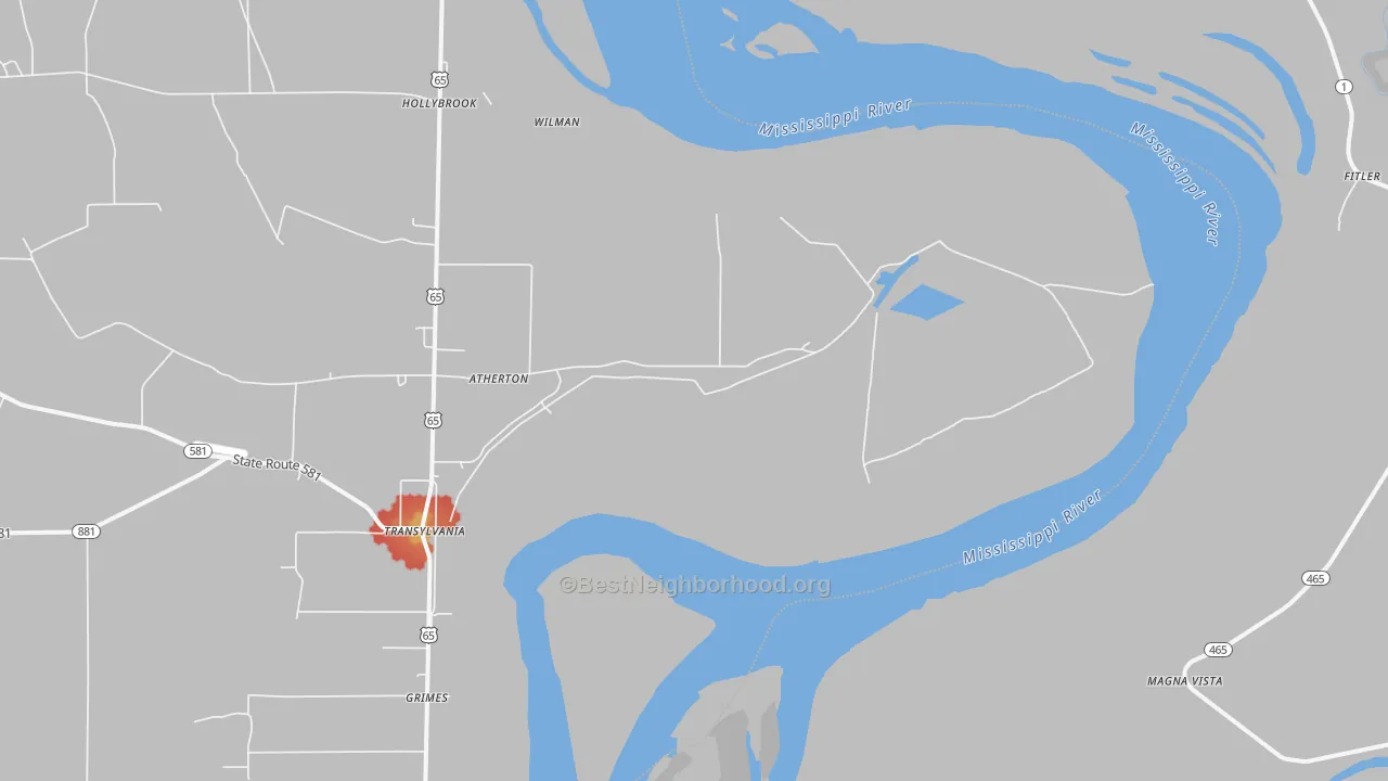Walk Grade map of Hollybrook, LA, walkable areas in green and car-dependent areas in red