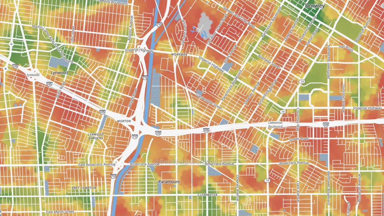 Walk Grade map of Hollydale, South Gate, CA, walkable areas in green and car-dependent areas in red