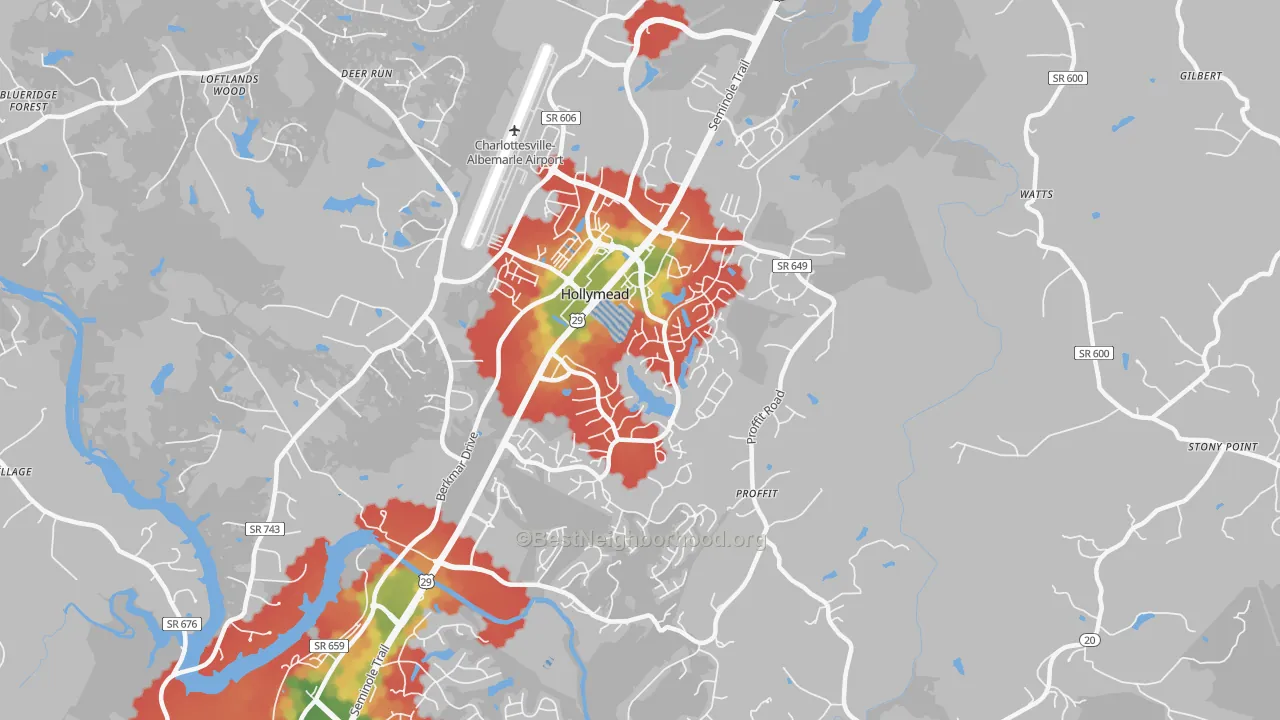 Walk Grade map of Hollymead, VA, walkable areas in green and car-dependent areas in red