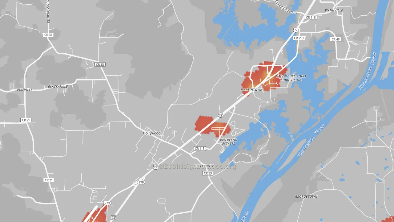 Walk Grade map of Hollywood, AL, walkable areas in green and car-dependent areas in red
