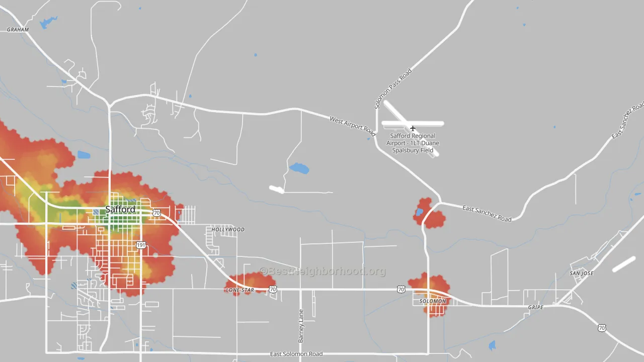 Walk Grade map of Hollywood, AZ, walkable areas in green and car-dependent areas in red