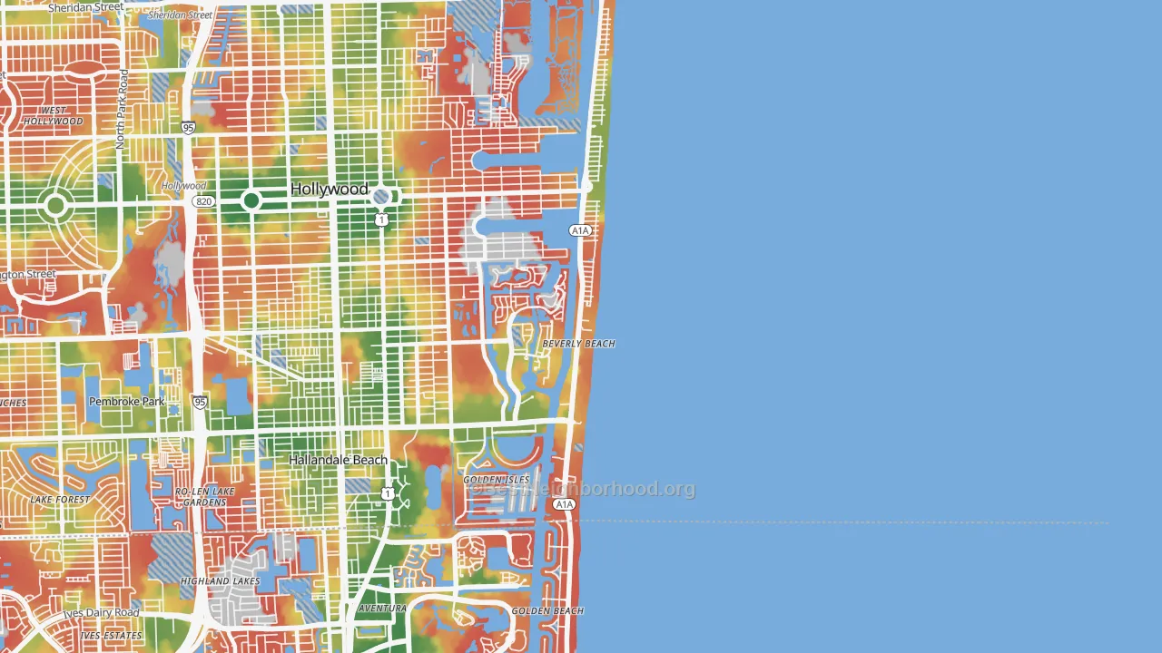 Walk Grade map of Hollywood Beach-Quadoman, Hollywood, FL, walkable areas in green and car-dependent areas in red