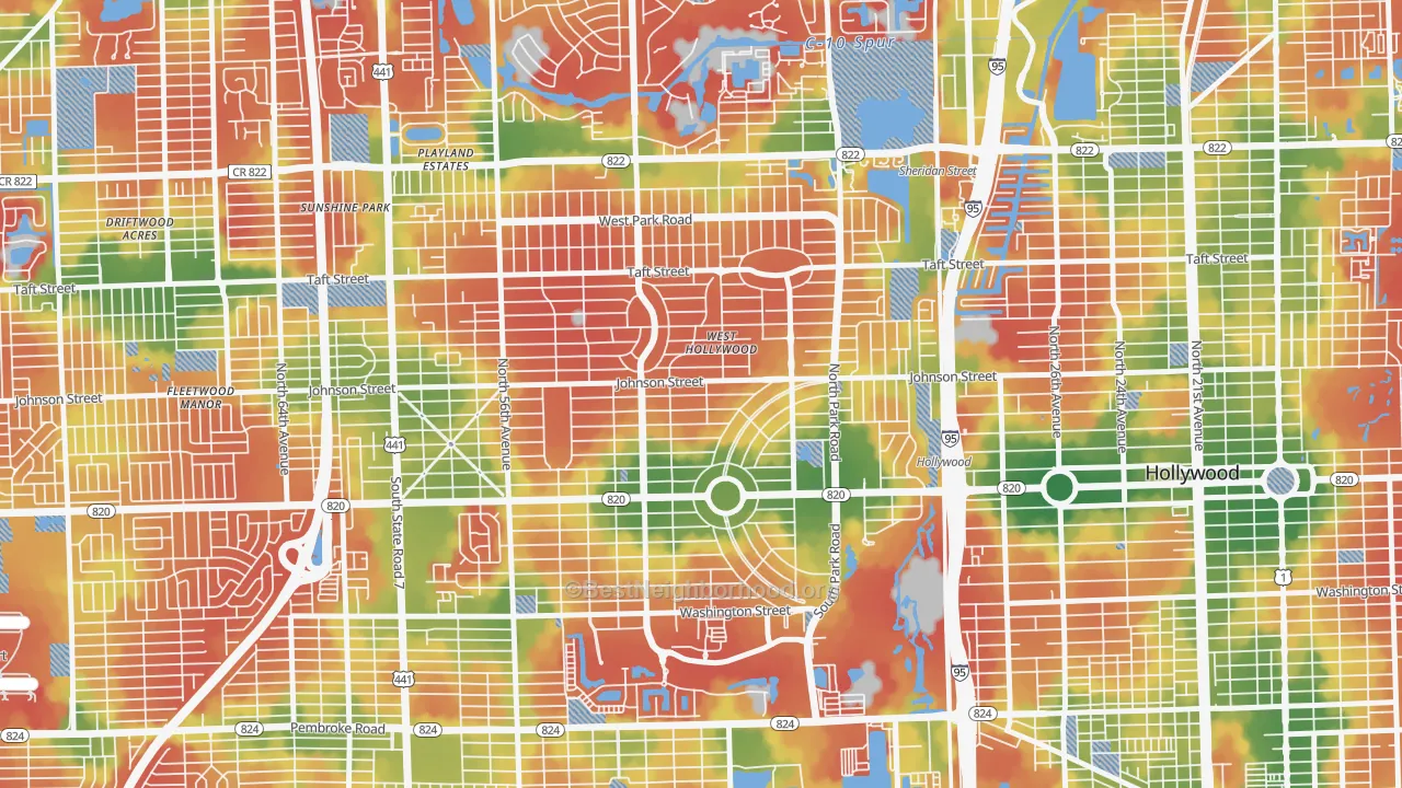 Walk Grade map of Hollywood Hills, Hollywood, FL, walkable areas in green and car-dependent areas in red