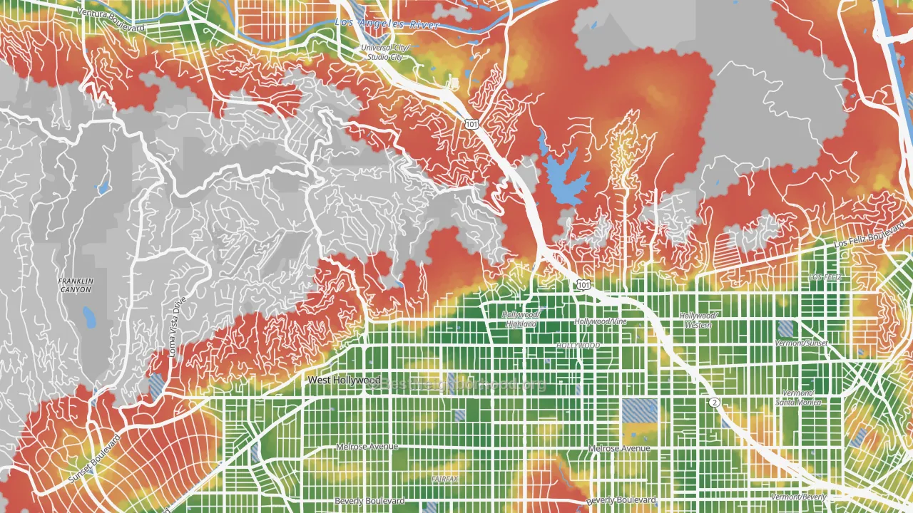 Walk Grade map of Hollywood Hills, Los Angeles, CA, walkable areas in green and car-dependent areas in red