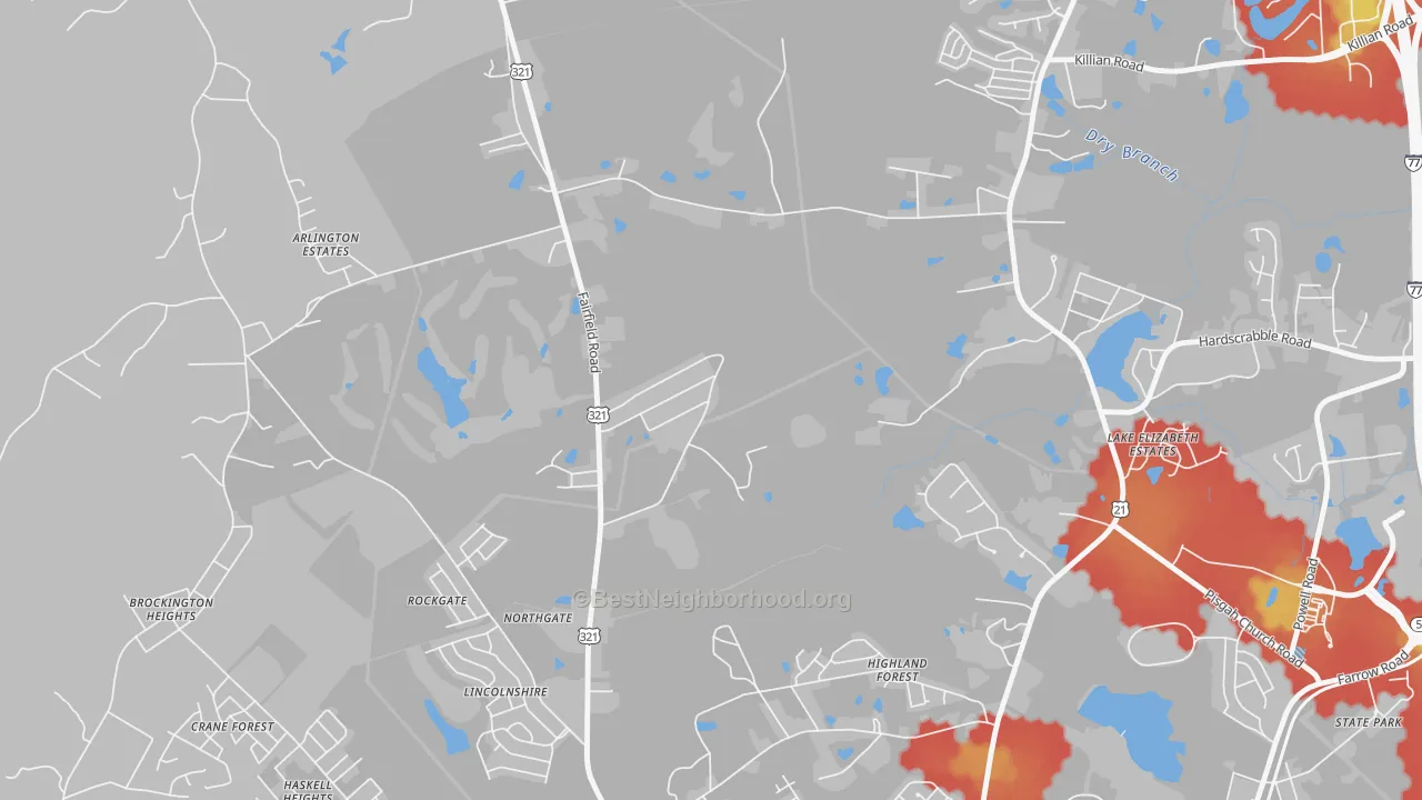 Walk Grade map of Hollywood Hills, SC, walkable areas in green and car-dependent areas in red