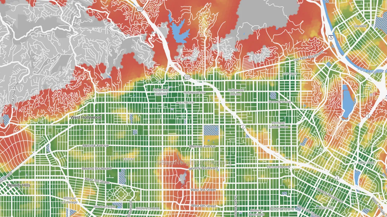 Walk Grade map of Hollywood, Los Angeles, CA, walkable areas in green and car-dependent areas in red