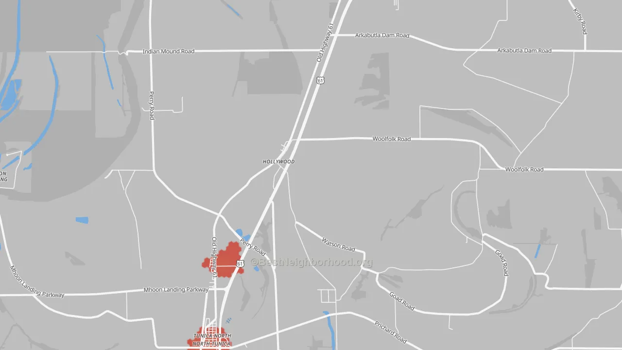 Walk Grade map of Hollywood, MS, walkable areas in green and car-dependent areas in red