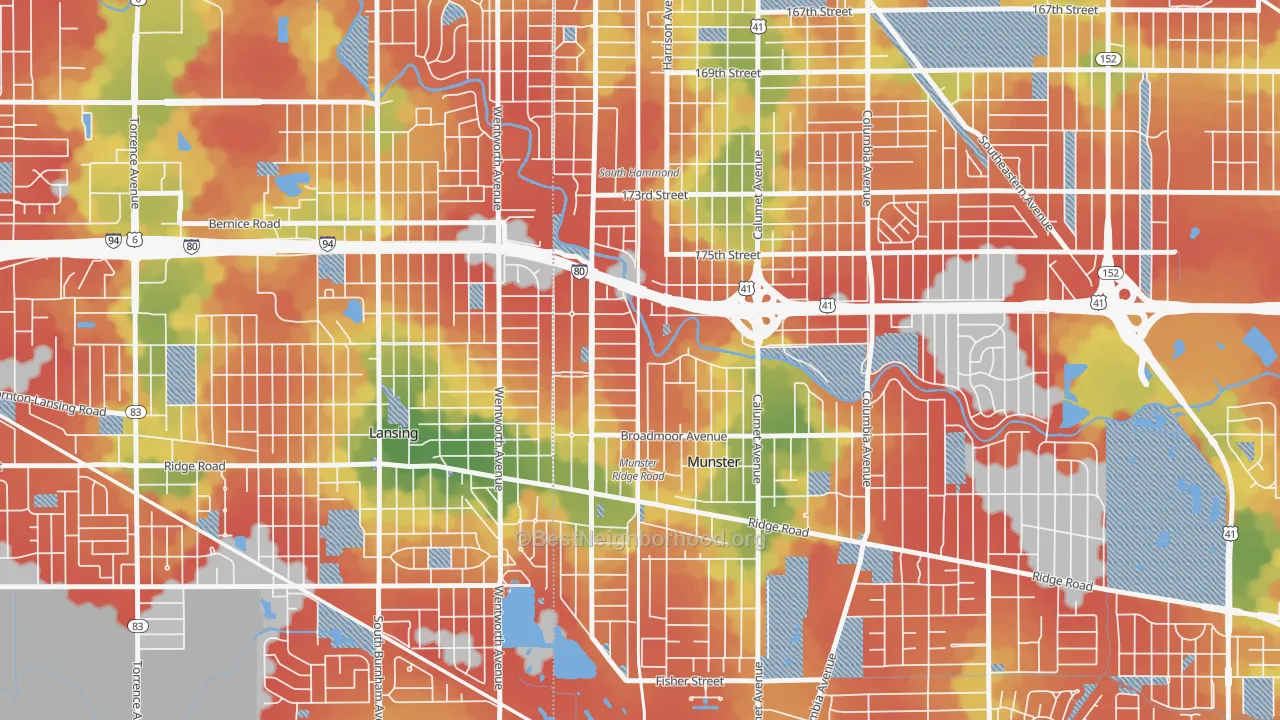 Walk Grade map of Hollywood, Munster, IN, walkable areas in green and car-dependent areas in red