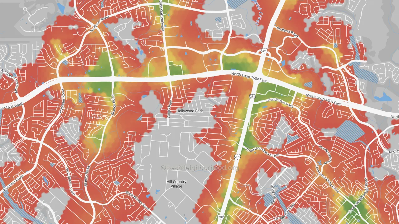 Walk Grade map of Hollywood Park, TX, walkable areas in green and car-dependent areas in red
