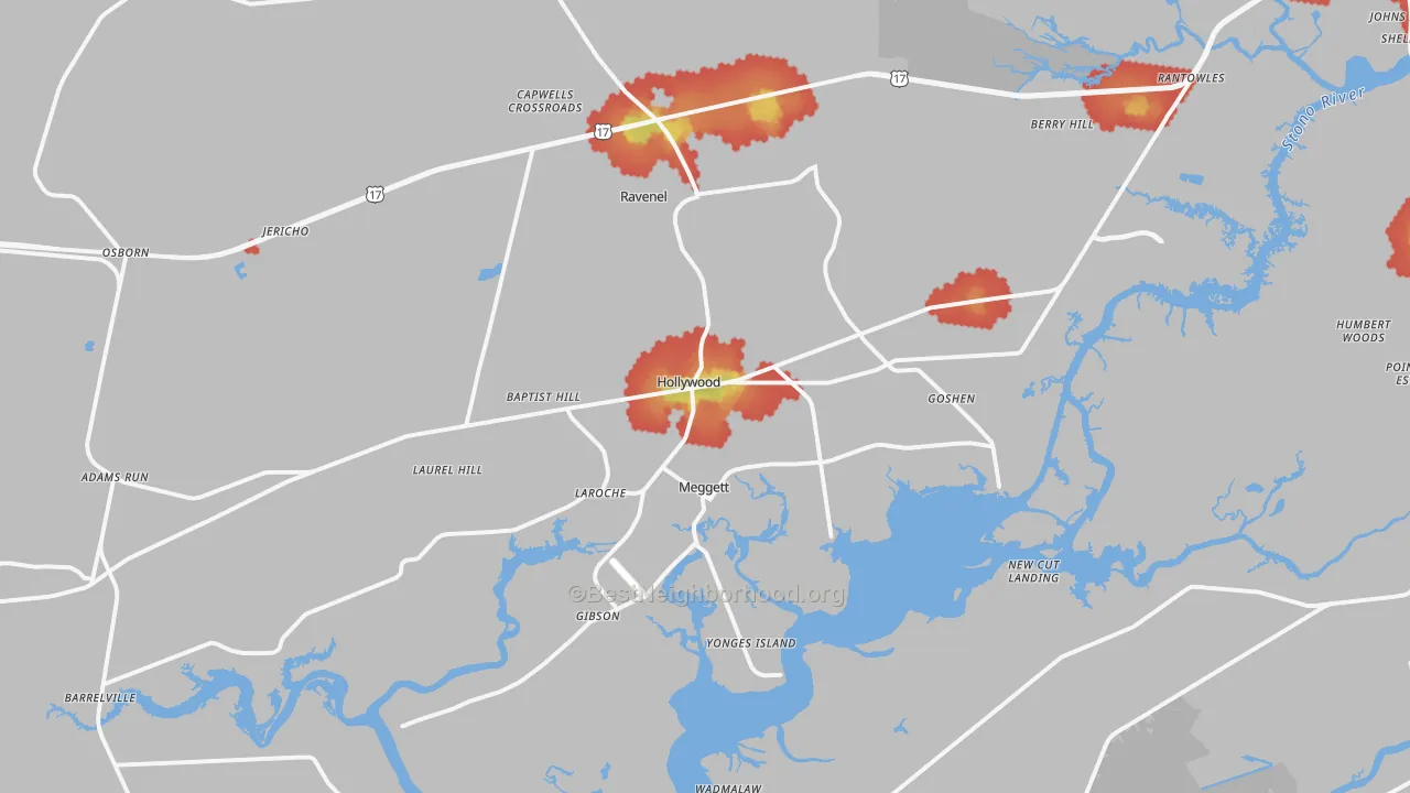 Walk Grade map of Hollywood, SC, walkable areas in green and car-dependent areas in red