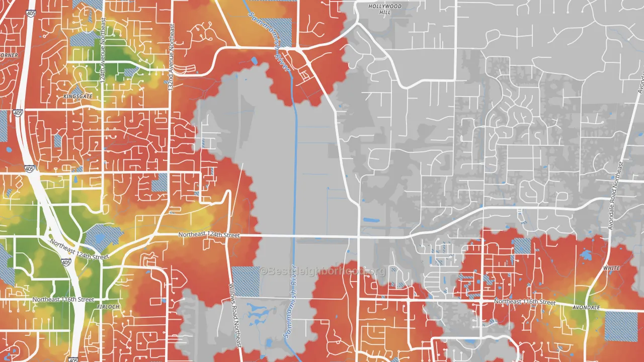 Walk Grade map of Hollywood, WA, walkable areas in green and car-dependent areas in red